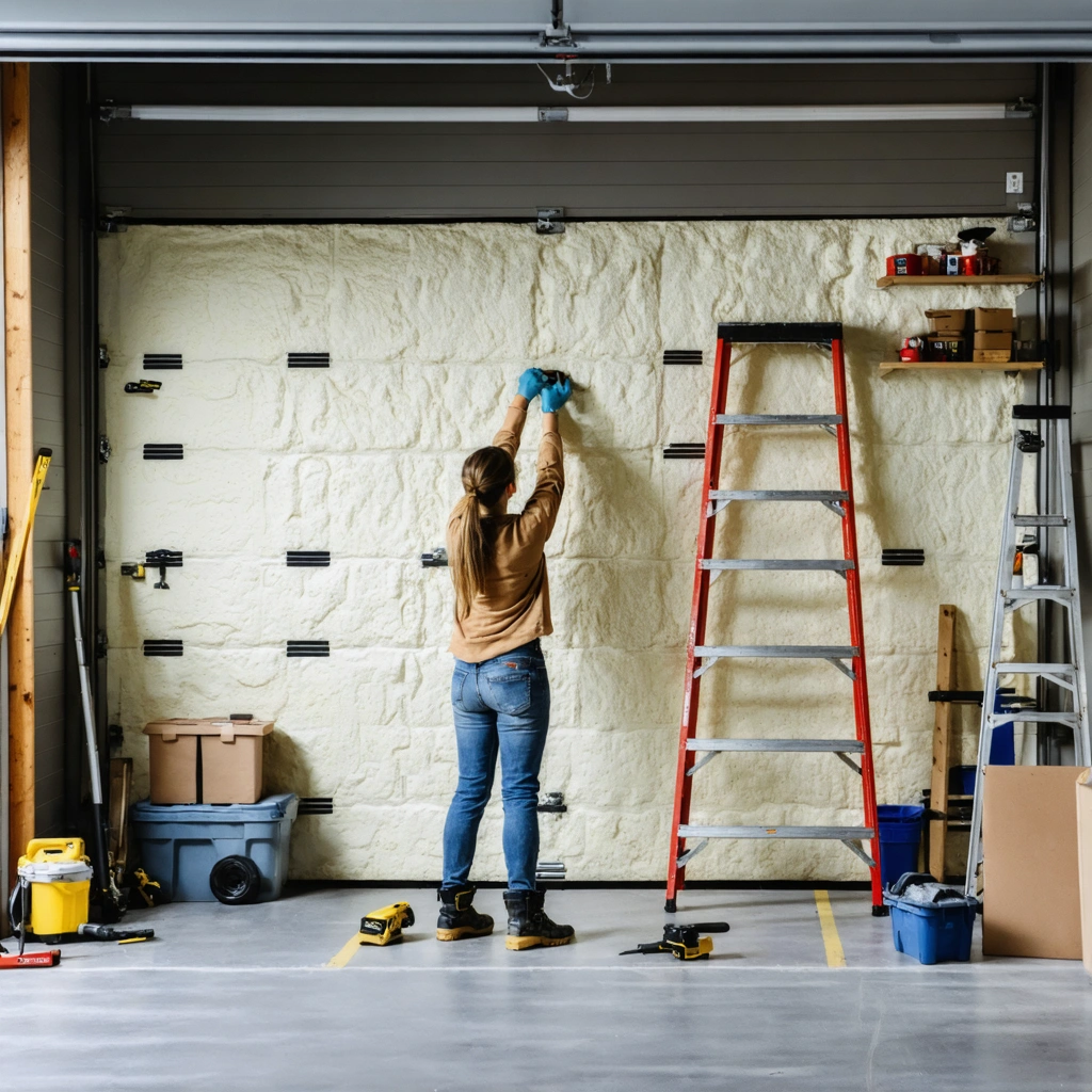Une femme bricole dans un garage en train de poser des panneaux isolants sur une porte et un mur, avec des outils, une échelle et des rangements en arrière-plan.