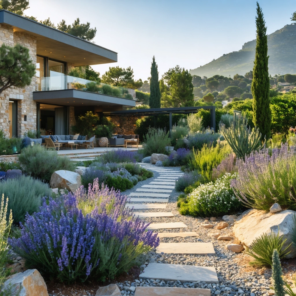 Jardin sec en plein soleil avec lavandes, romarin, sedums, santolines et graminées sur gravier, aménagé pour rester beau avec très peu d’entretien