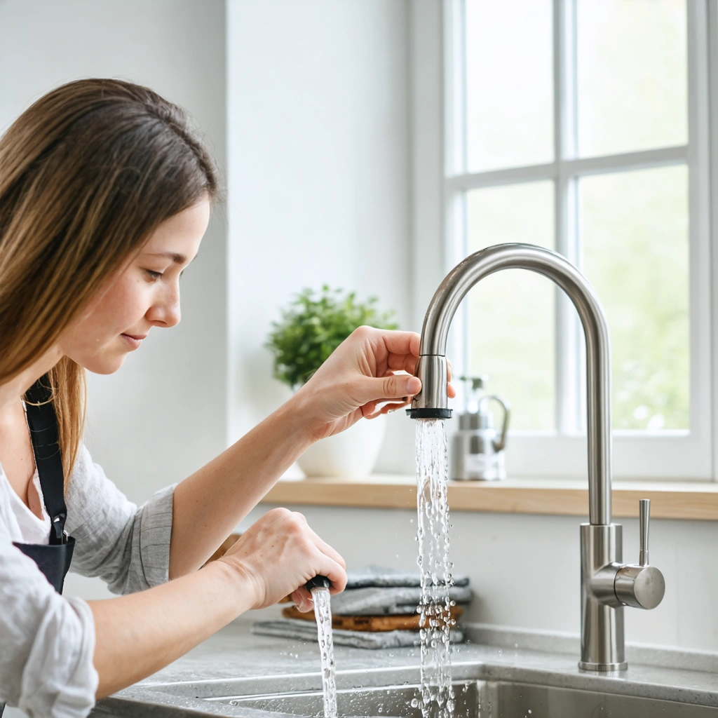 Une femme répare un robinet qui fuit dans une cuisine en remplaçant le joint avec des outils de bricolage