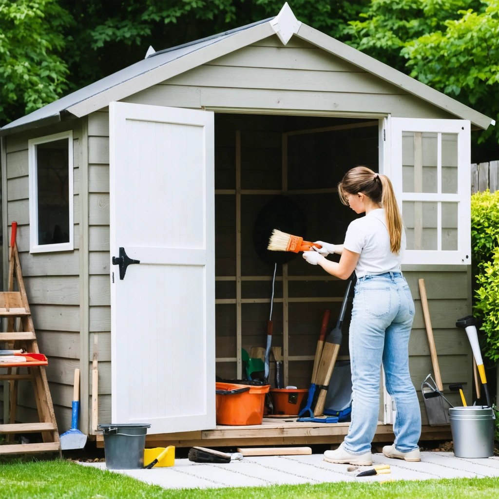 Une femme applique une lasure sur un abri de jardin en bois déjà peint, dans un jardin, avec un pinceau et du matériel de bricolage.