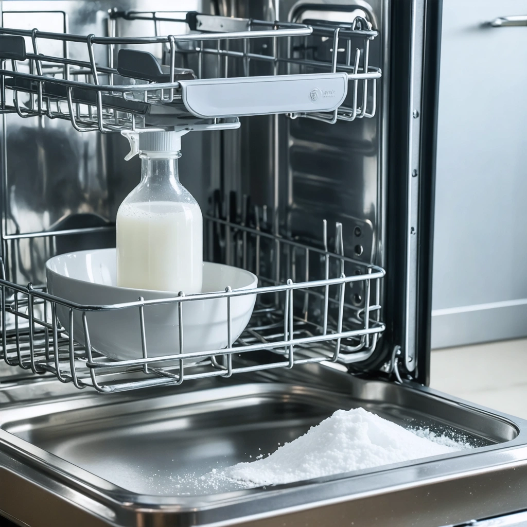 Un lave-vaisselle ouvert dans une cuisine moderne, avec du vinaigre blanc et du bicarbonate de soude utilisés pour éliminer naturellement les mauvaises odeurs.