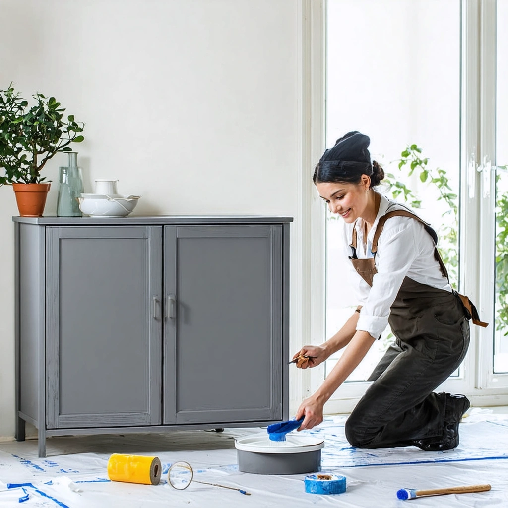 Une femme repeint un meuble en melamine sans poncer dans une piece lumineuse, avec rouleau, sous-couche et accessoires de bricolage poses autour.