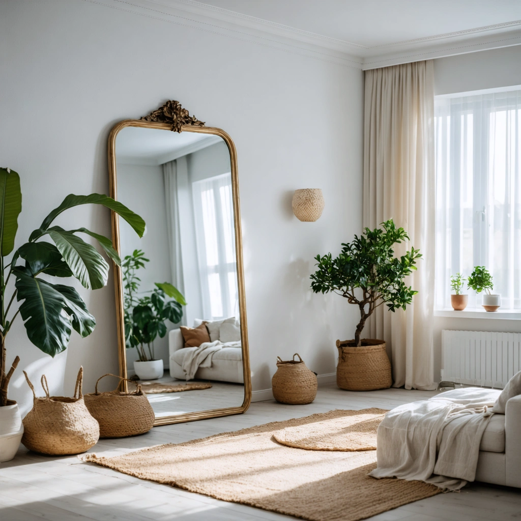 Salon scandinave lumineux avec un grand miroir élégant, un canapé clair, des meubles en bois blond et une décoration douce et épurée