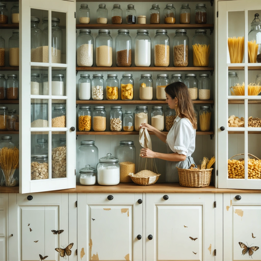Placard de cuisine ouvert avec bocaux hermetiques, produits secs ranges et nettoyage naturel pour eliminer les mites alimentaires