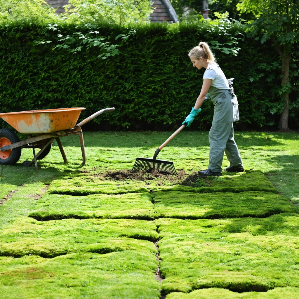 Une jardiniere retire la mousse d'une pelouse dans un jardin, avec un contraste visible entre les zones envahies et le gazon dense en cours de renovation.
