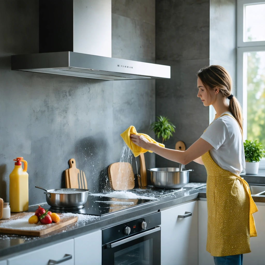Une personne nettoie une hotte de cuisine en inox très grasse avec un chiffon, tandis que les filtres trempent dans l’évier avec de l’eau chaude savonneuse.