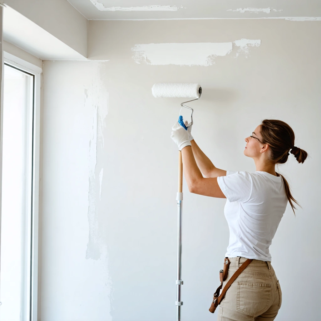 Une femme peint un plafond blanc avec un rouleau monté sur une perche dans une pièce lumineuse, pour obtenir une finition lisse sans traces.