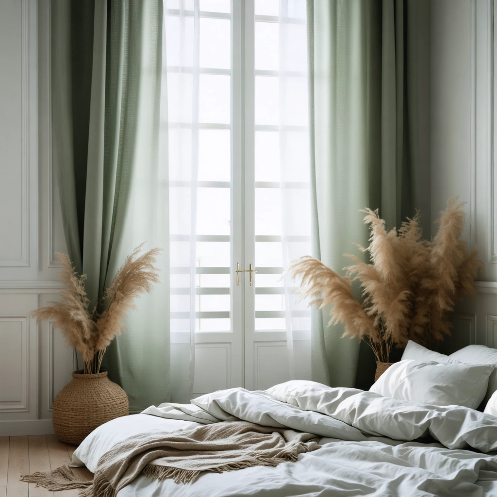 Petite chambre lumineuse peinte dans des tons clairs avec un mur d’accent doux pour donner une impression d’espace