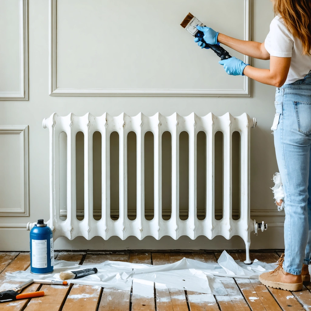 Une femme repeint un radiateur en fonte avec une peinture claire dans un intérieur de maison bien protégé.