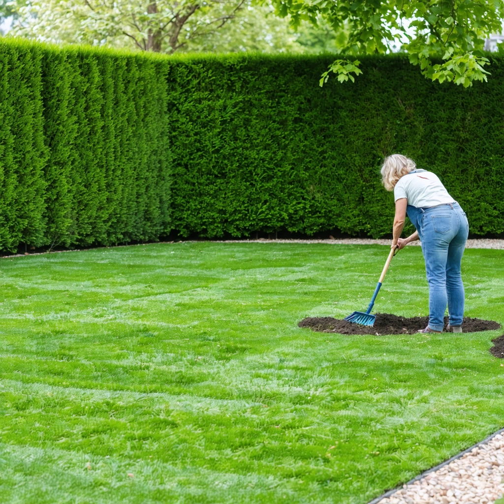 Une femme répare une pelouse abîmée dans un jardin, avec des zones clairsemées en cours de regarnissage et une herbe redevenue verte et dense autour.