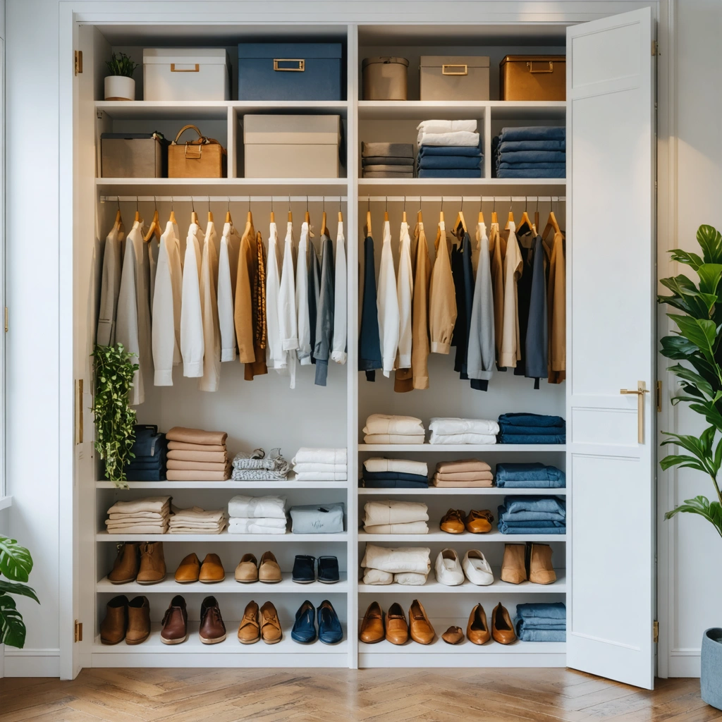 Petit dressing de 2 m² très bien organisé avec étagères en hauteur, cintres fins, boîtes de rangement et chaussures alignées pour gagner un maximum de place