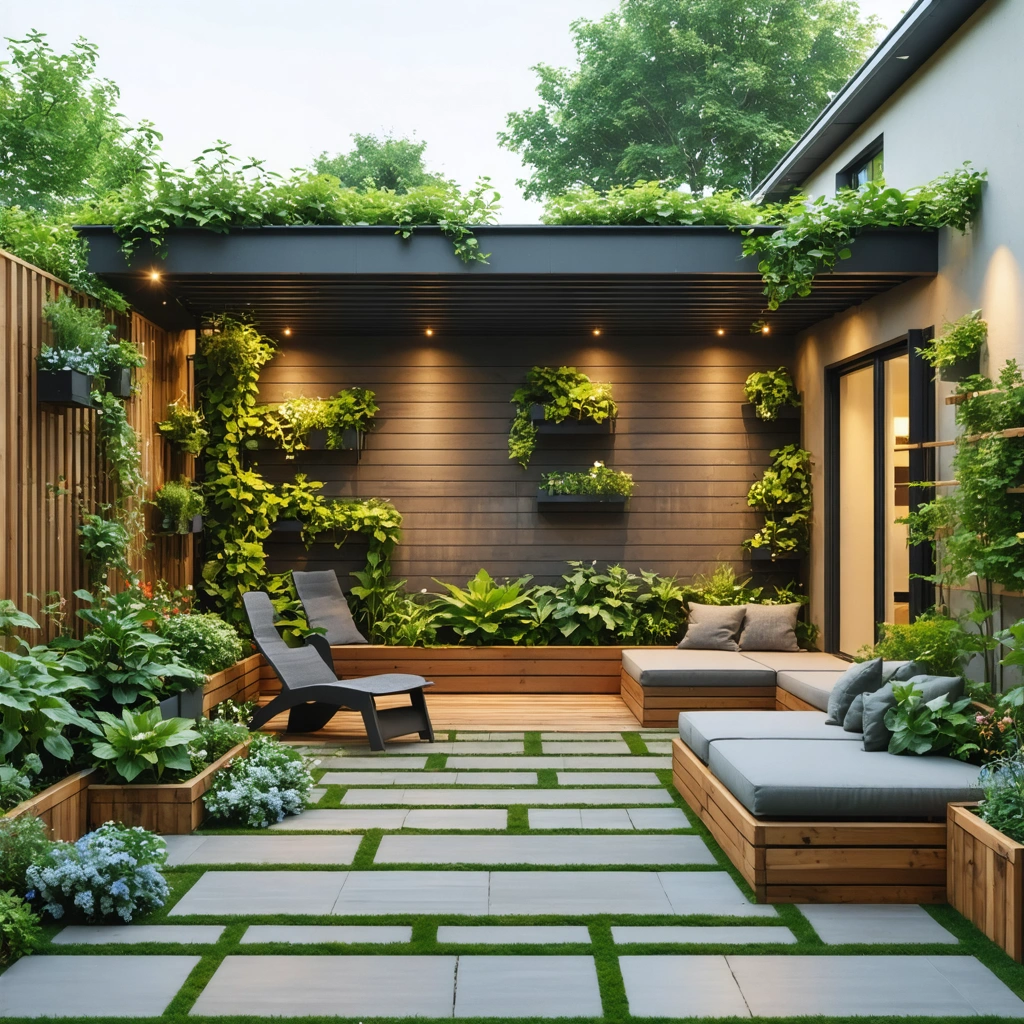 Petit jardin de 50 m² aménagé avec une terrasse compacte, une banquette, des plantes en hauteur et un mini potager dans une ambiance chaleureuse