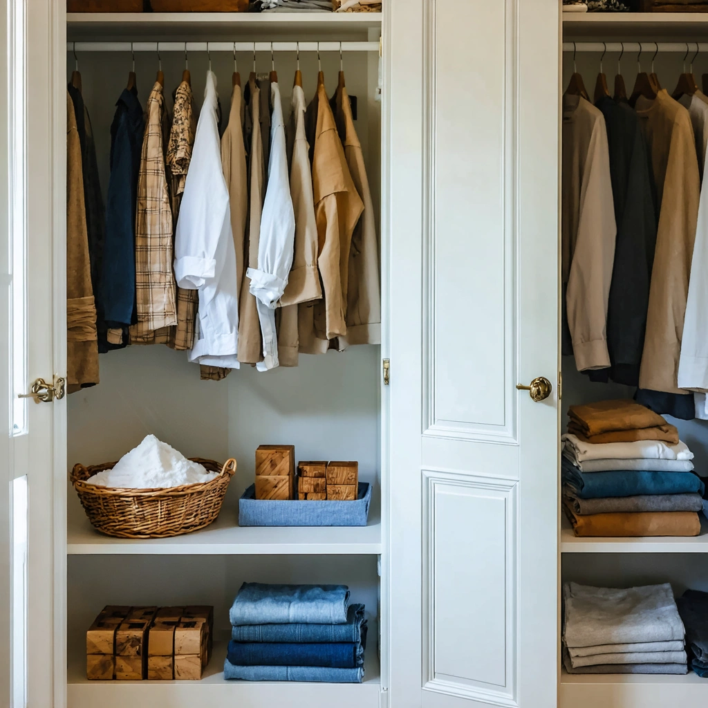 Un placard ouvert, propre et bien range avec du linge plie, un bol de bicarbonate, des sachets de lavande et un absorbeur d humidite pour eliminer les mauvaises odeurs