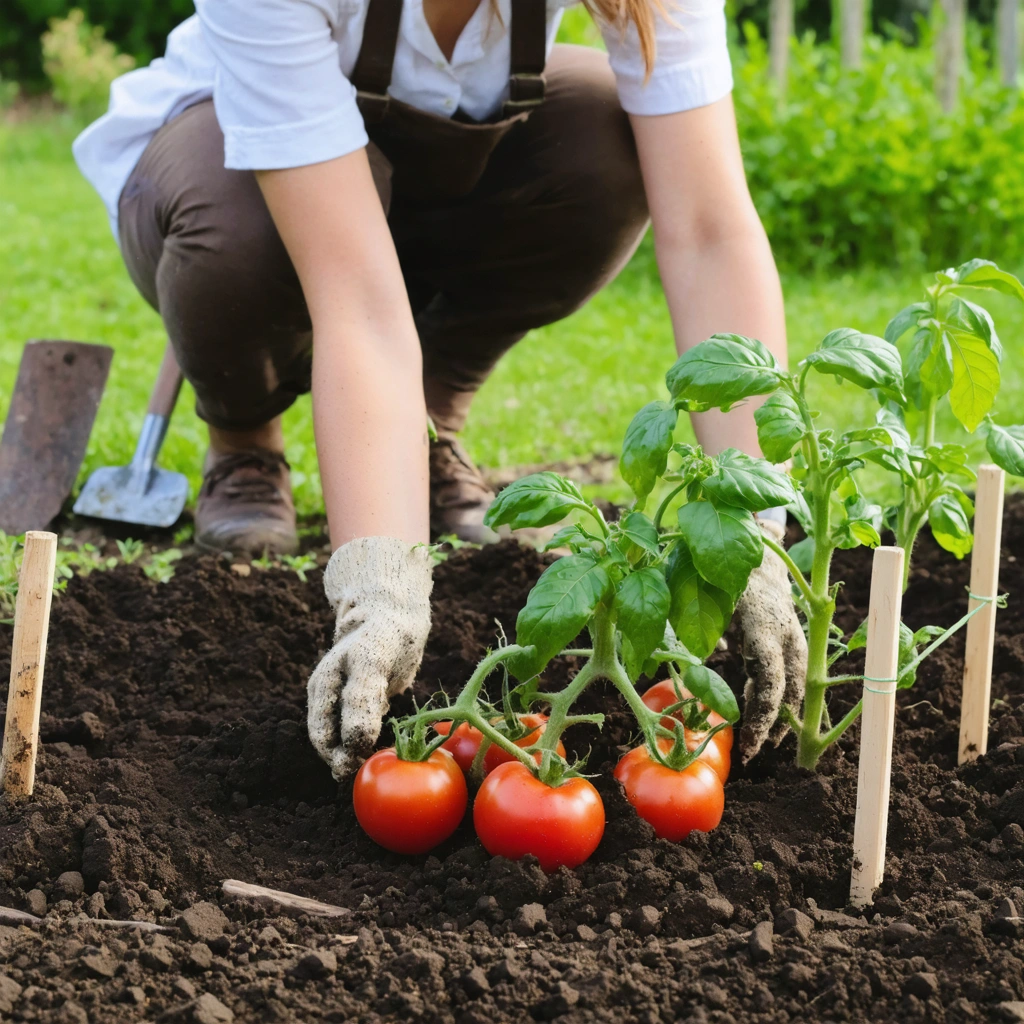 Une jardiniere plante de jeunes pieds de tomates en pleine terre dans un potager ensoleille, avec des tuteurs et une terre bien preparee.