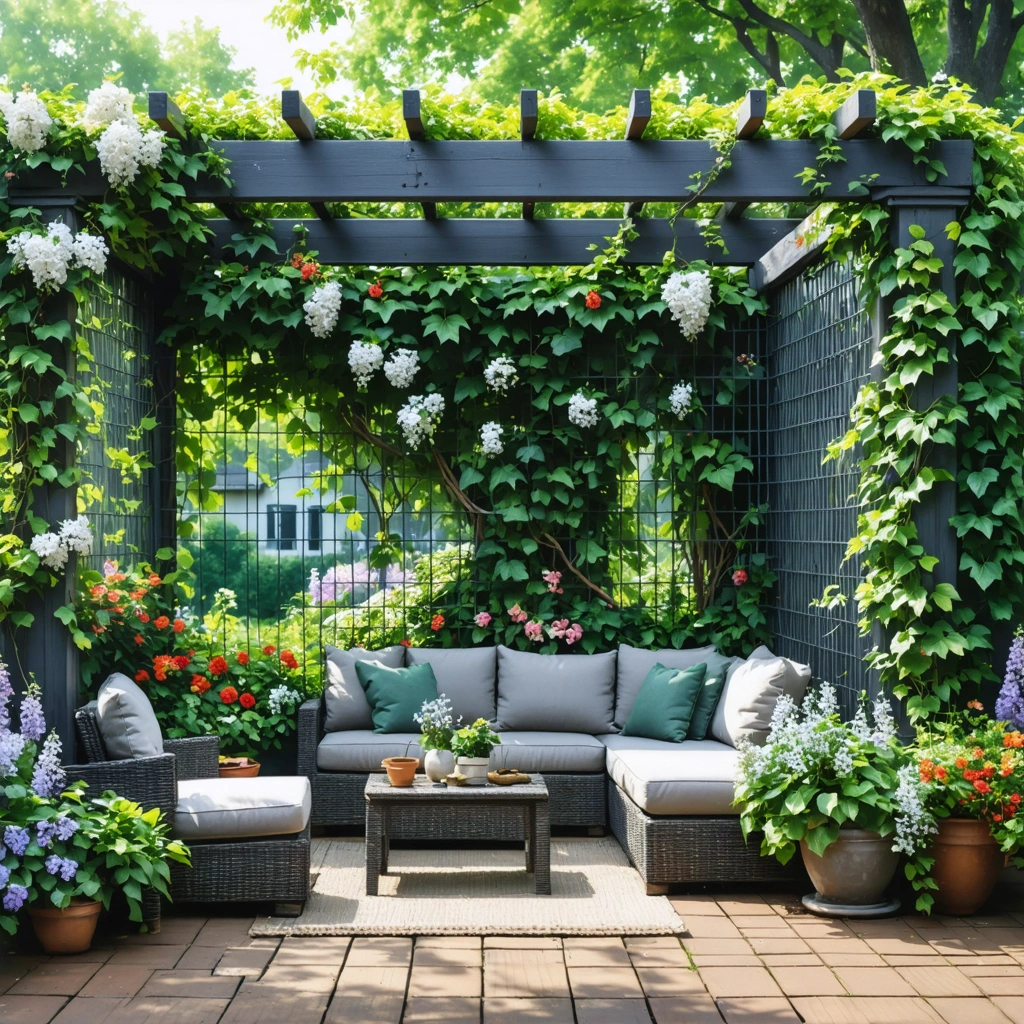 Jardin avec plusieurs plantes grimpantes couvrant un grillage et une pergola pour cacher un vis-a-vis et creer un espace intime