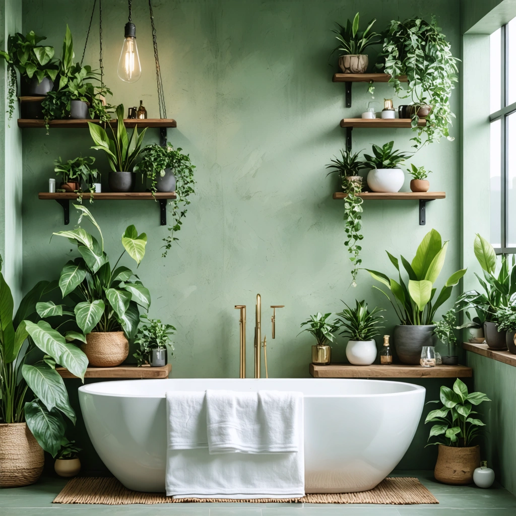 Salle de bain sans fenetre amenagee avec plusieurs plantes vertes en pots, une plante tombante, des etageres en bois et une ambiance douce de type spa