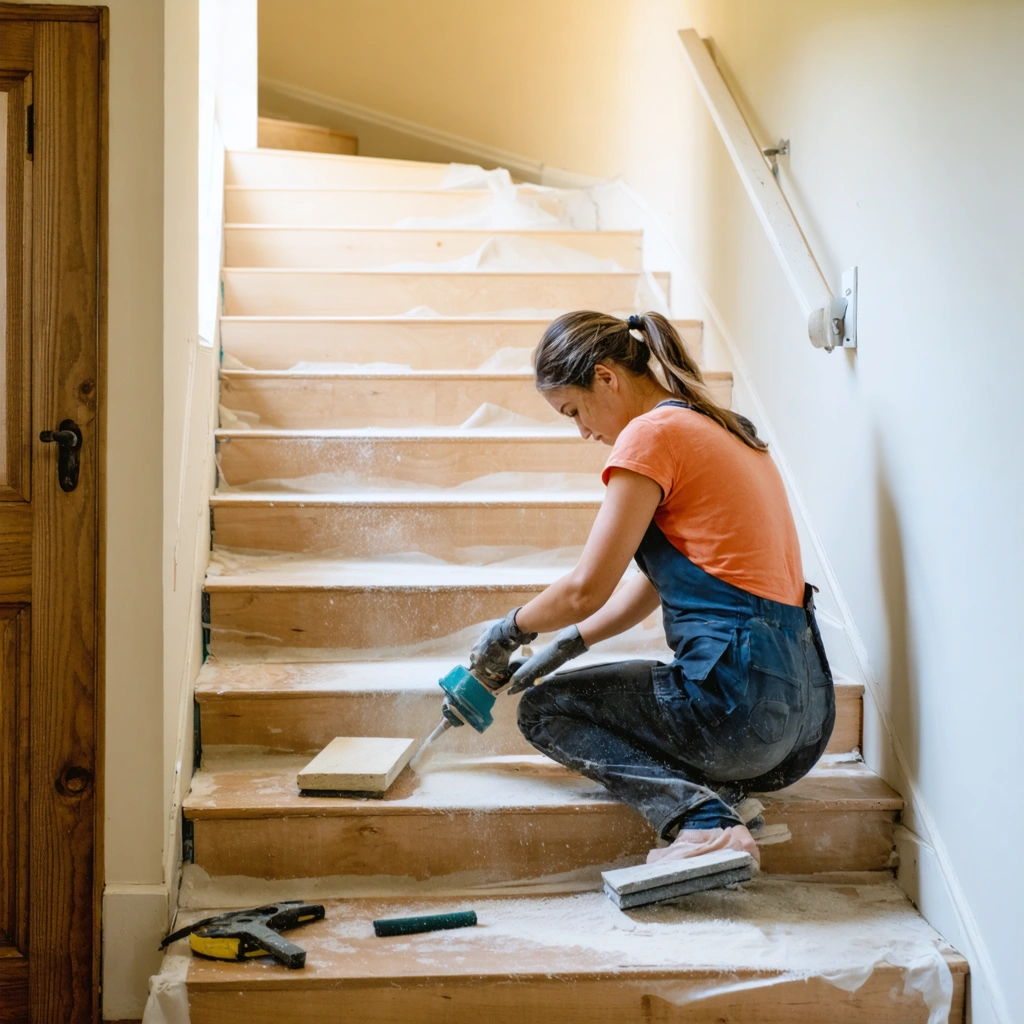 Une femme ponce à la main un escalier en bois avec une cale et du papier abrasif dans un intérieur lumineux, avec bâche de protection au sol.