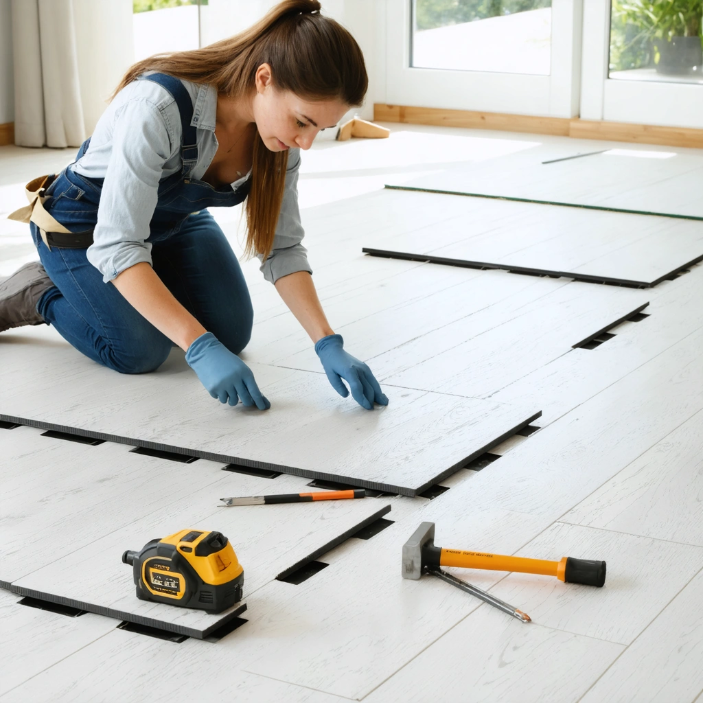 Une femme en train de poser des dalles de sol clipsables en PVC dans une piece lumineuse avec des outils de bricolage poses a cote