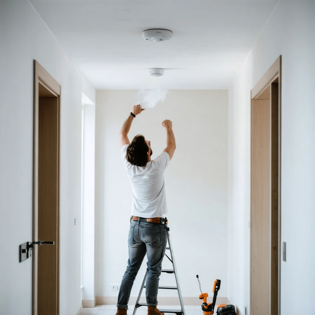 Personne installant un detecteur de fumee au plafond dans un couloir de maison avec un escabeau