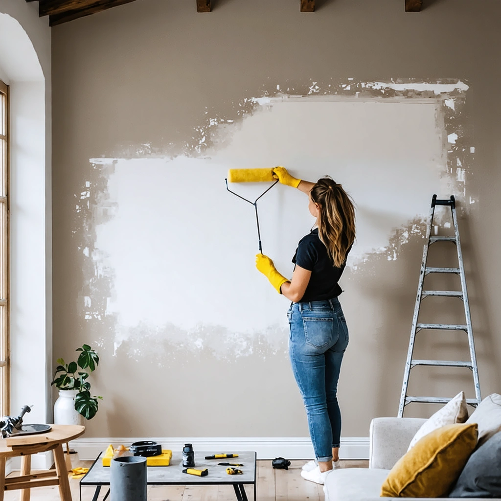 Une femme pose soigneusement du papier peint intisse sur un mur de salon avec un rouleau de colle et des outils de bricolage a proximite.