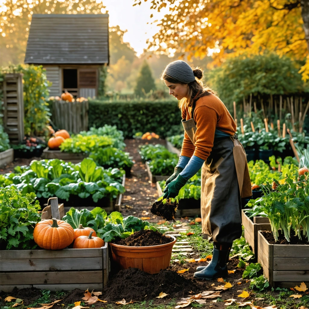 Une jardiniere prepare son potager pour l'hiver en etalant du paillage sur des planches de culture, avec des legumes, des courges recoltees et des feuilles mortes autour.