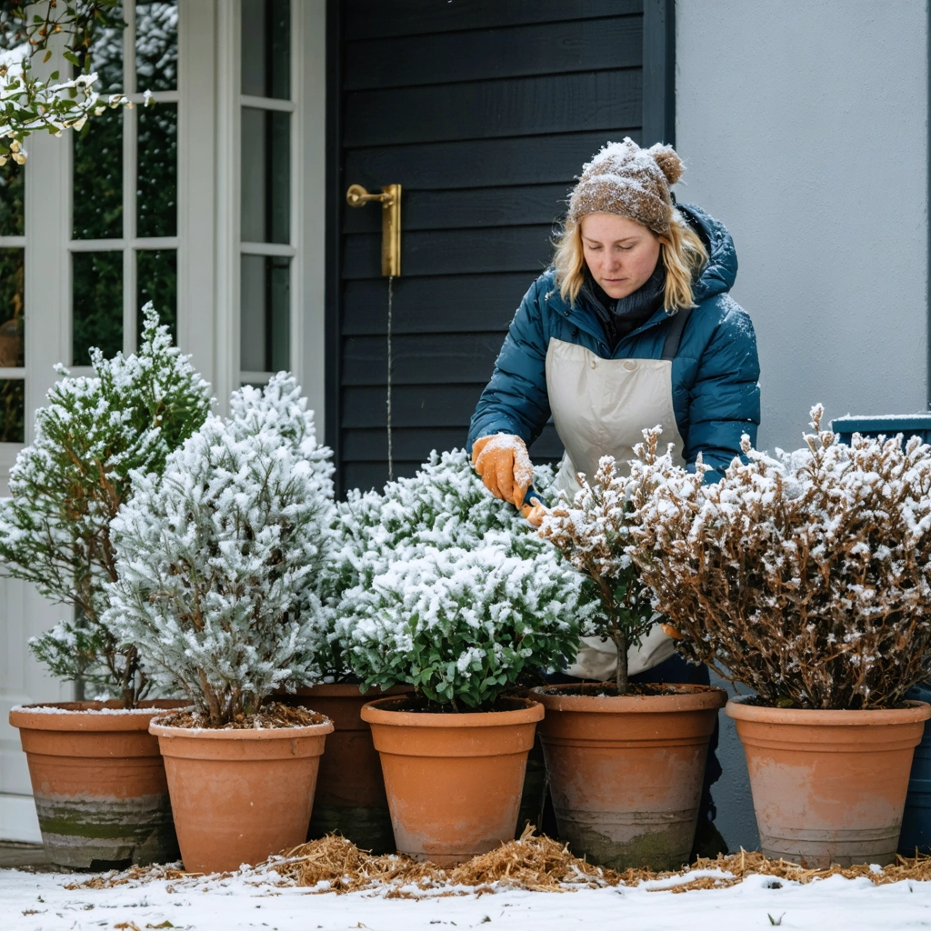 Des plantes de jardin protegees du gel en hiver avec un voile d hivernage, du paillage au pied et des pots isoles pres d un mur