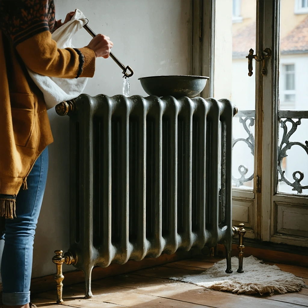 Une femme purge un radiateur en fonte avec une clé de purge, un chiffon et un bol dans un intérieur chaleureux.