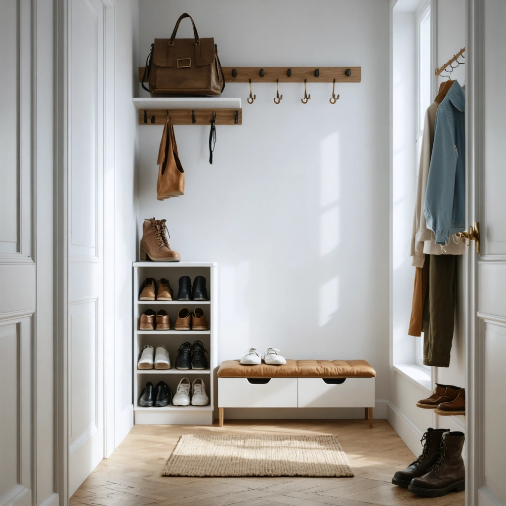 Une entrée étroite et bien organisée avec un meuble à chaussures peu profond, un banc avec rangement et quelques paires soigneusement rangées.