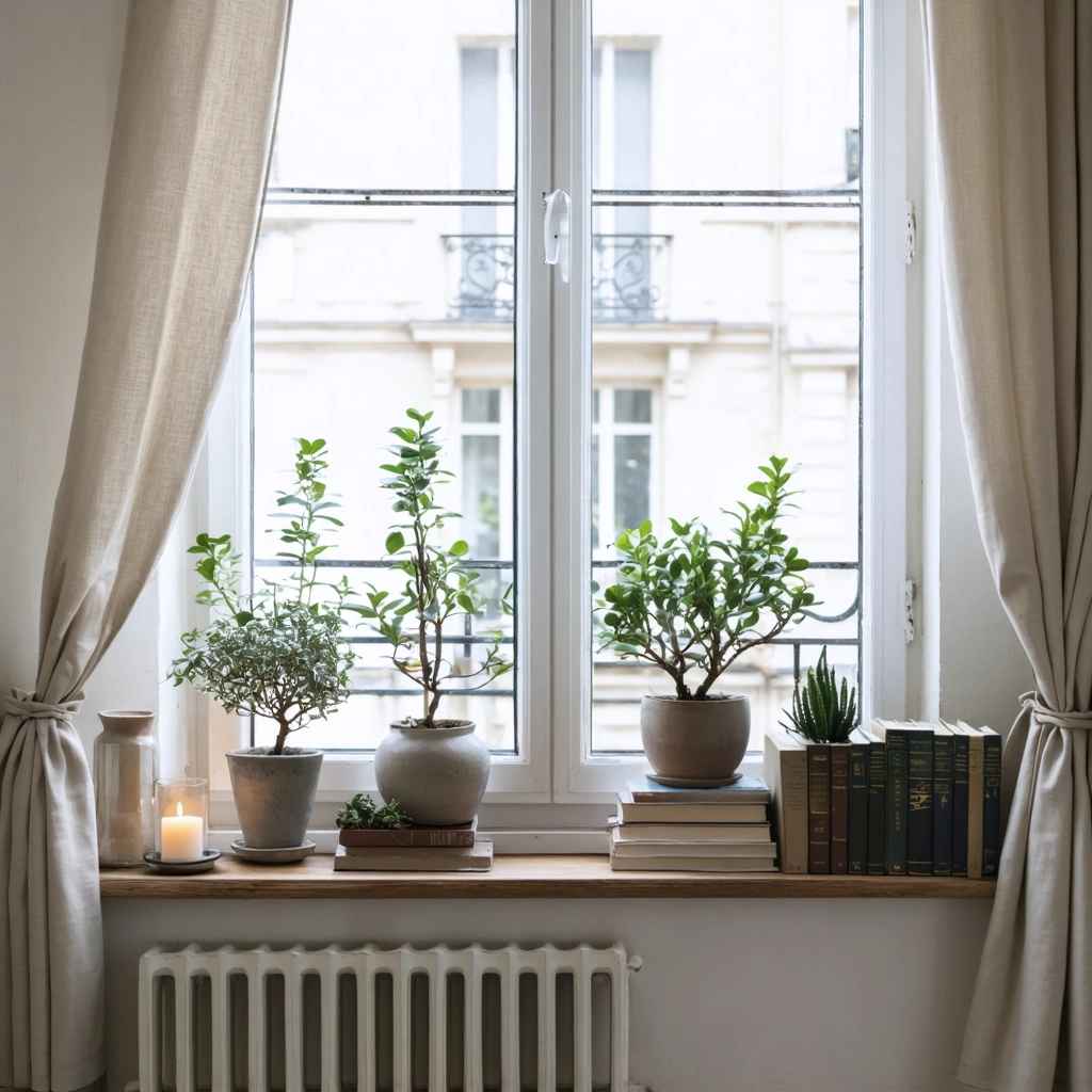 Rebord de fenetre interieur decore avec des plantes, des bougies, des livres et des rideaux legers dans une piece lumineuse et elegante
