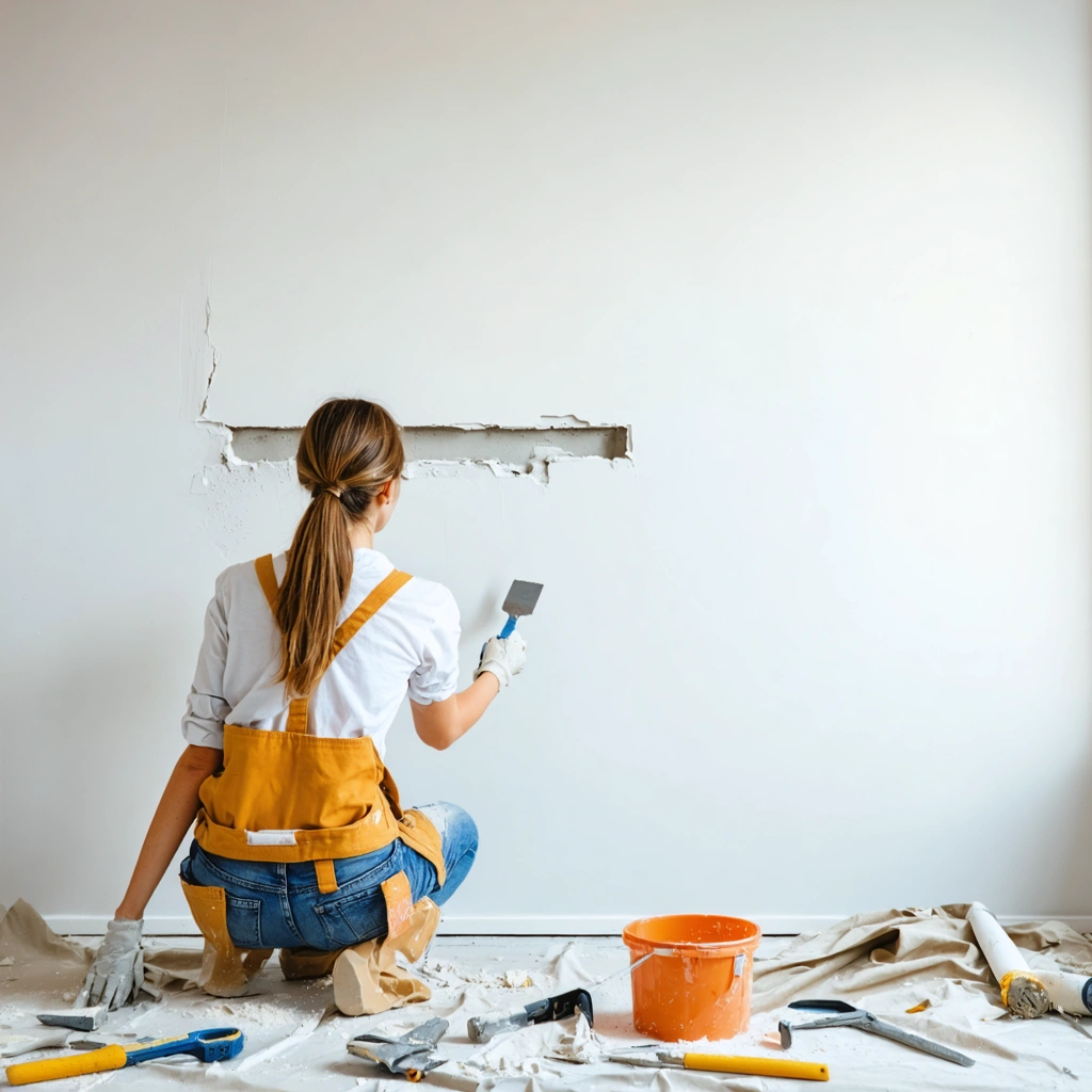 Une femme répare soigneusement un trou dans un mur en placo avec de l'enduit et une spatule dans une pièce lumineuse.