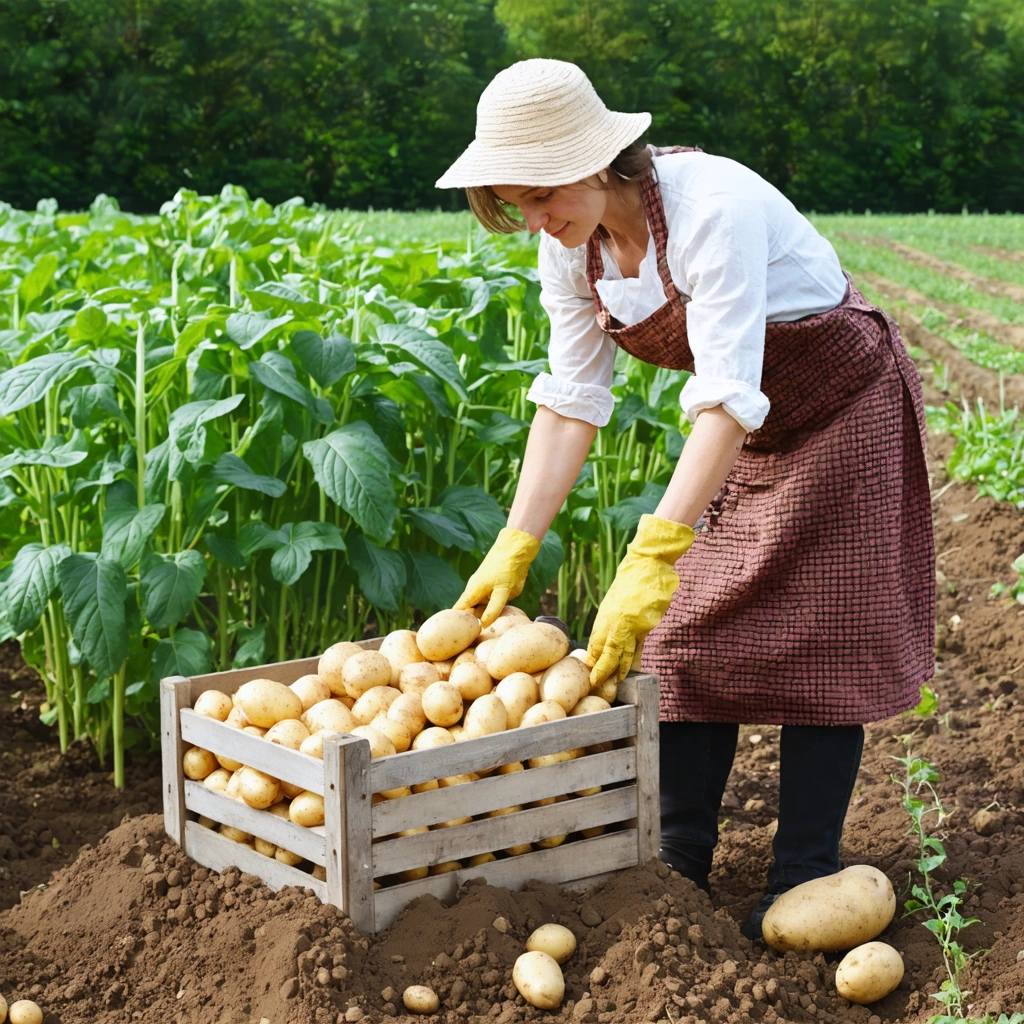 Une jardiniere recolte des pommes de terre dans un potager par temps sec, avec des tubercules fraichement sortis de terre ranges dans une cagette.