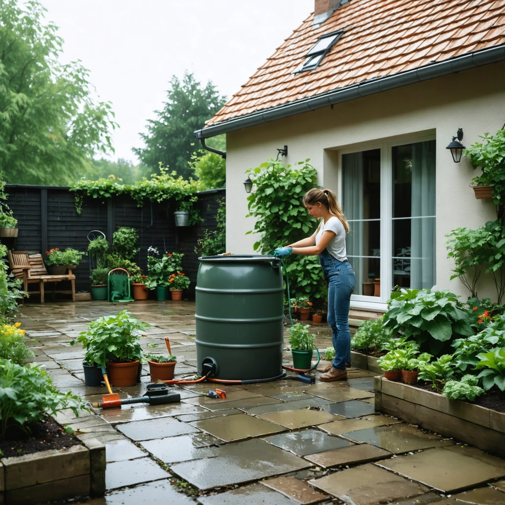 Une femme installe un recuperateur d’eau de pluie relie a une gouttiere dans un jardin pres d’un potager et de plantes.