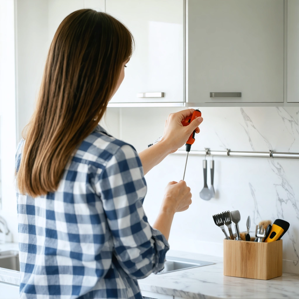 Une femme règle avec un tournevis la charnière d’une porte de placard dans une cuisine moderne, sans démonter la porte.