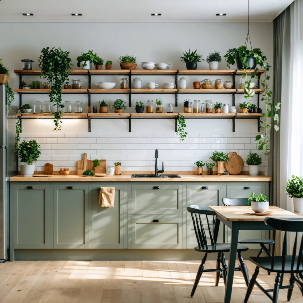 Vieille cuisine relookee avec meubles repeints, nouvelles poignées, plan de travail en bois clair et crédence claire pour un résultat moderne à petit budget