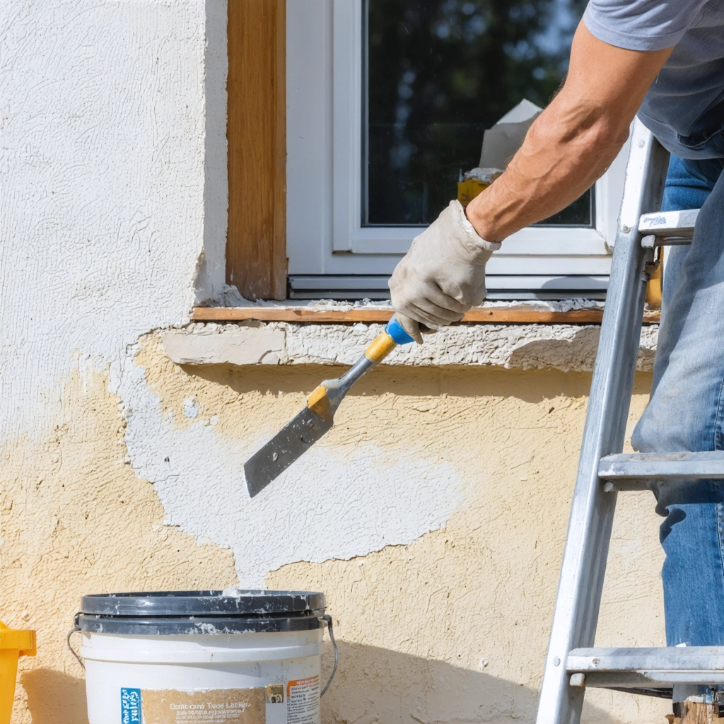 Personne en train de reboucher une fissure sur une facade exterieure avec un enduit de reparation et une spatule