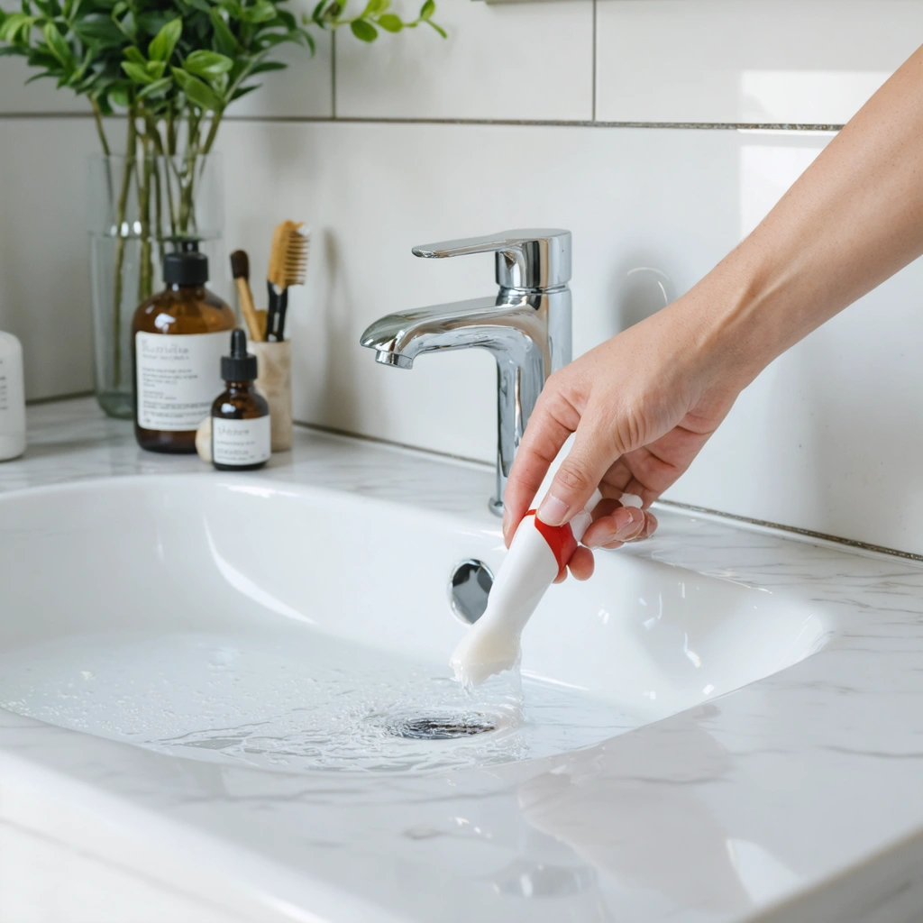 Main en train de reparer un petit eclat sur un lavabo en ceramique blanche avec un kit de reparation dans une salle de bain