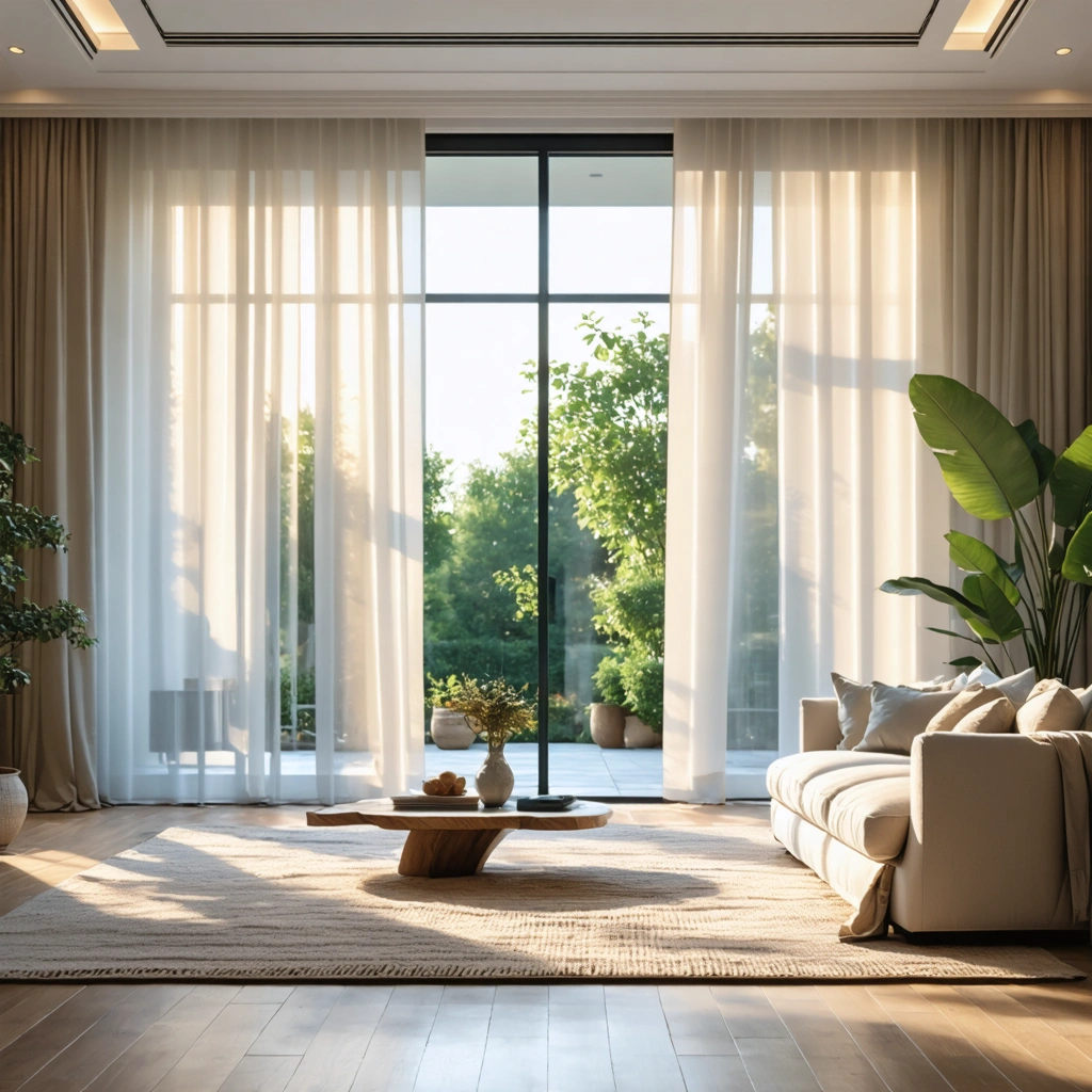 Salon lumineux avec une grande baie vitree habillee de voilages blancs et de rideaux en lin beige, dans une decoration elegante et chaleureuse.