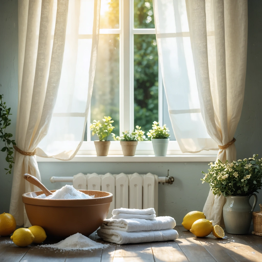 Des rideaux blancs près d'une fenêtre, avec une différence visible entre une zone jaunie et une zone redevenue blanche après nettoyage, dans un intérieur lumineux.