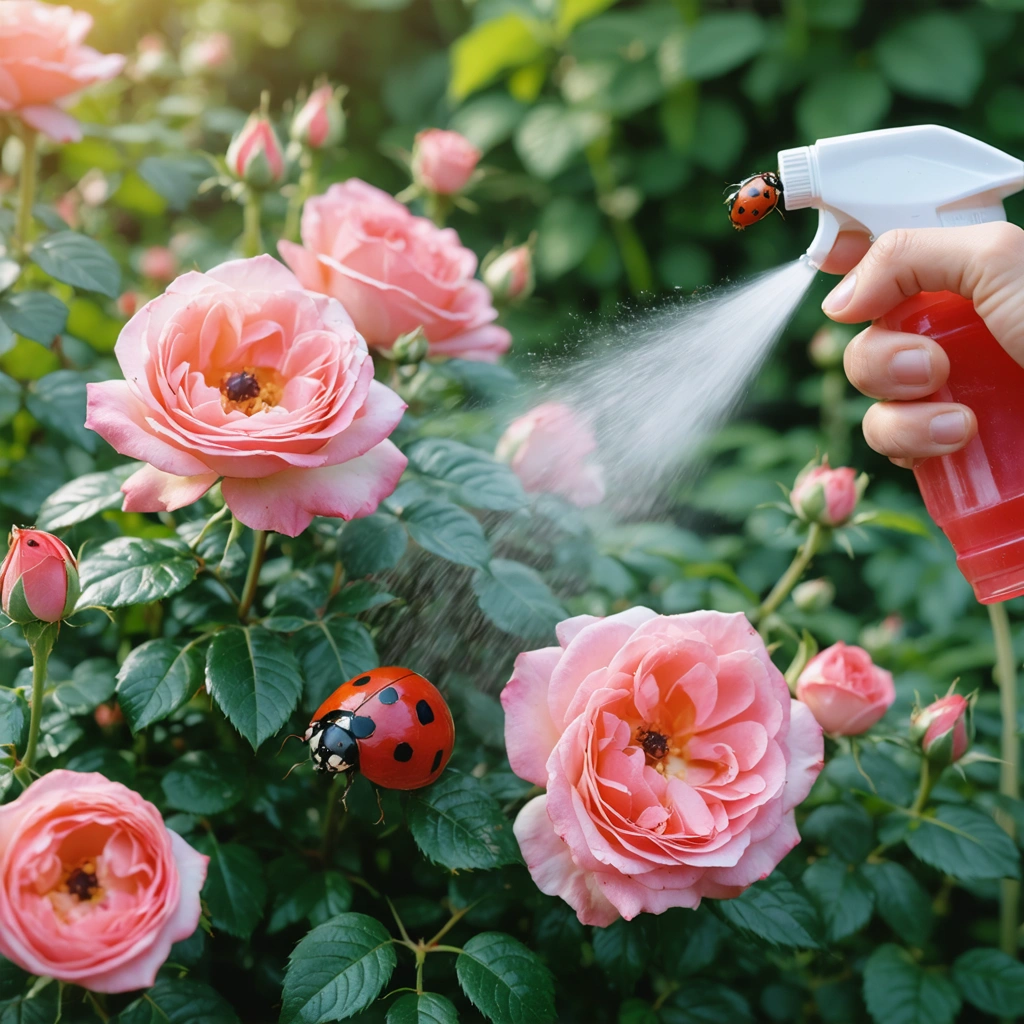 Rosiers en bonne santé dans un jardin, avec quelques pucerons visibles, des coccinelles sur les tiges et une main qui applique un traitement naturel en pulvérisation