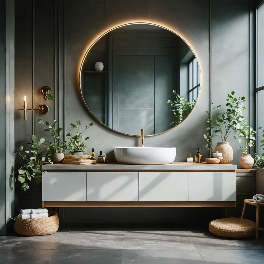 Salle de bain moderne grise avec meuble en bois, touches de beige et de vert, vasque blanche, miroir rond et robinetterie en laiton