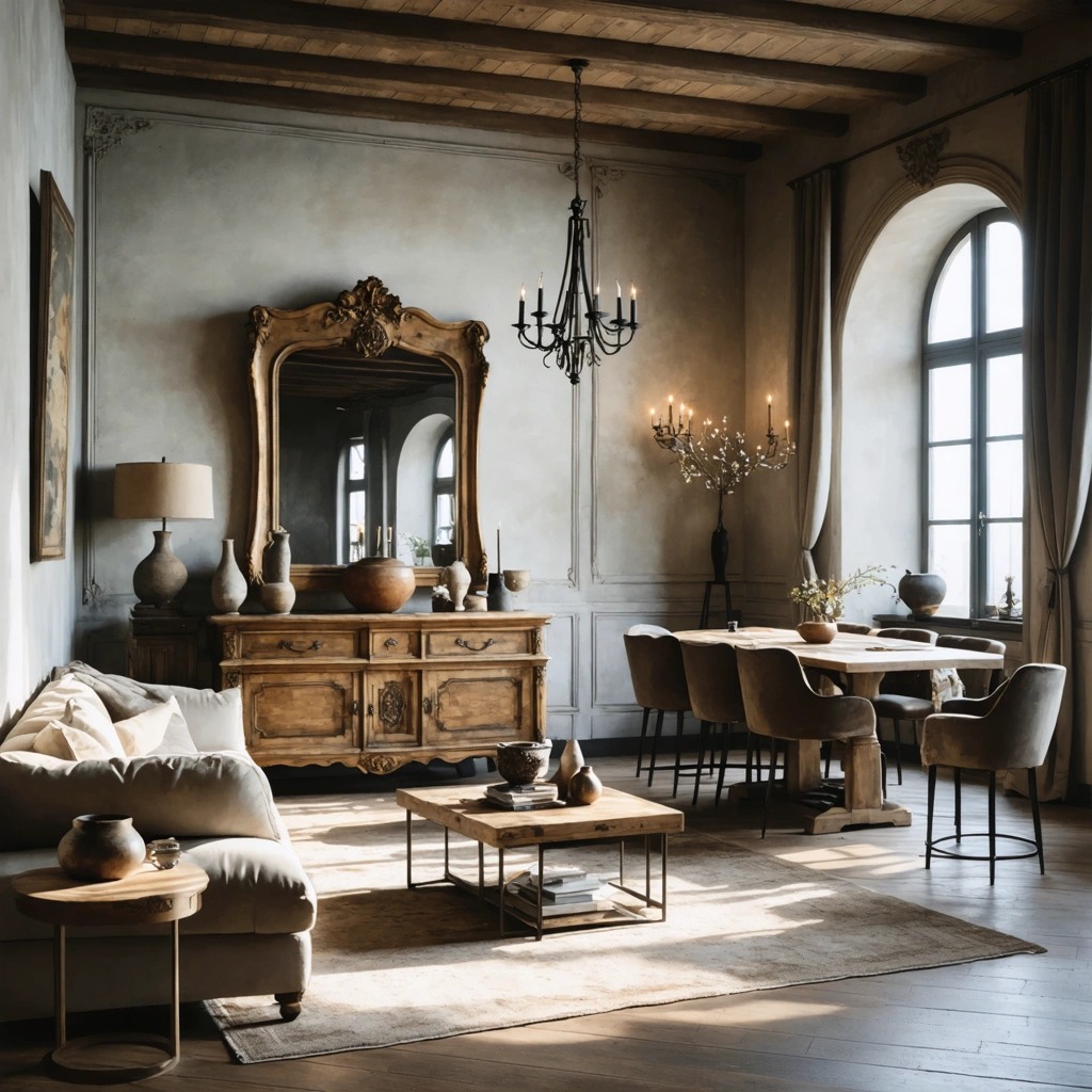 Salon lumineux mêlant harmonieusement des meubles anciens en bois patiné et du mobilier moderne aux lignes epurees, avec tapis, suspension contemporaine et ambiance chaleureuse.
