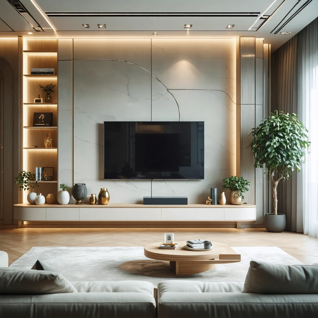 Salon moderne avec télévision fixée au mur, meuble TV en bois clair et fils électriques soigneusement dissimulés pour un rendu net et élégant