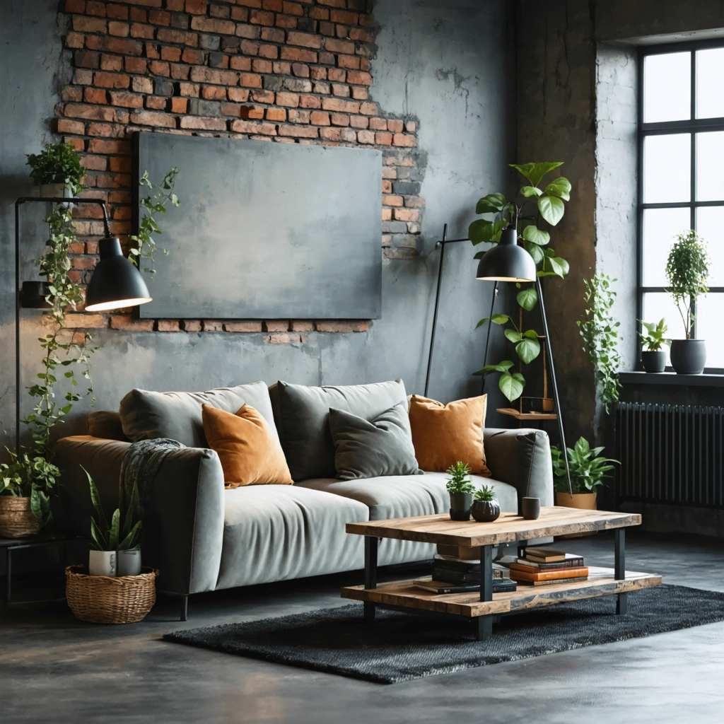 Petit salon decoré dans un style industriel chic avec meubles en metal noir et bois, tapis cosy, lampe d atelier et ambiance chaleureuse
