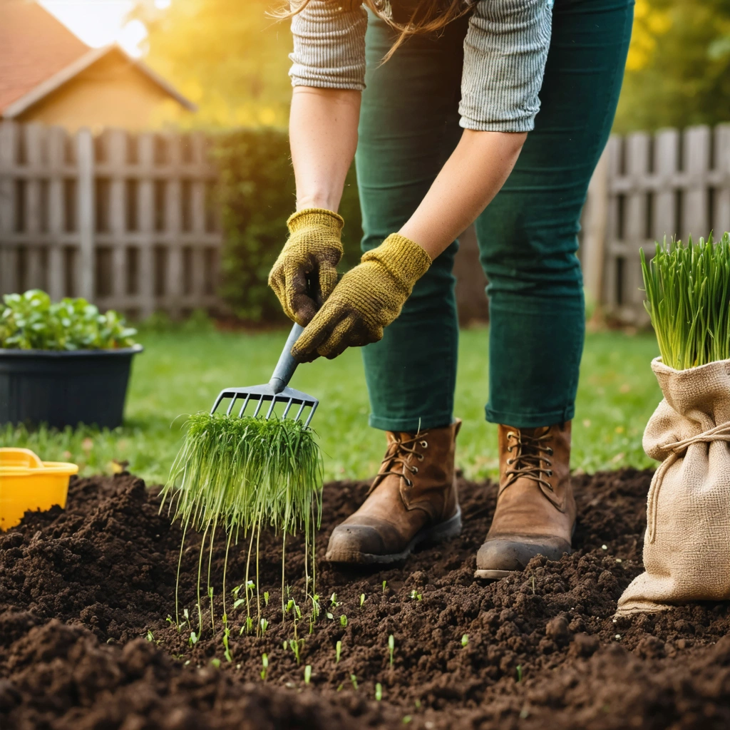 Une femme sème une pelouse sur une terre préparée dans un jardin au début de l’automne, avec un râteau à proximité et de jeunes pousses de gazon visibles.