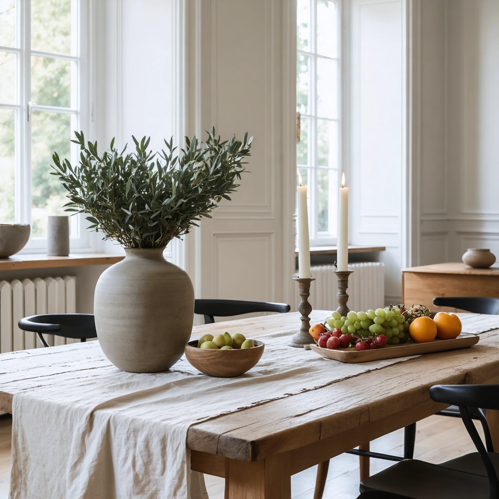 Table de salle a manger decoree au quotidien avec un vase en ceramique, des branches, des bougies et un plateau dans une ambiance chic et naturelle