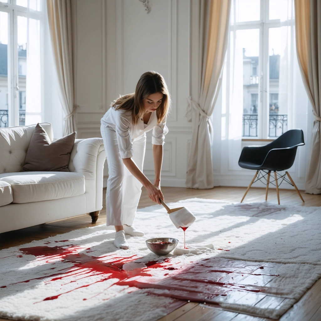 Une femme nettoie délicatement une tache de vin rouge sur un tapis blanc dans un salon lumineux avec un chiffon et des produits ménagers doux.