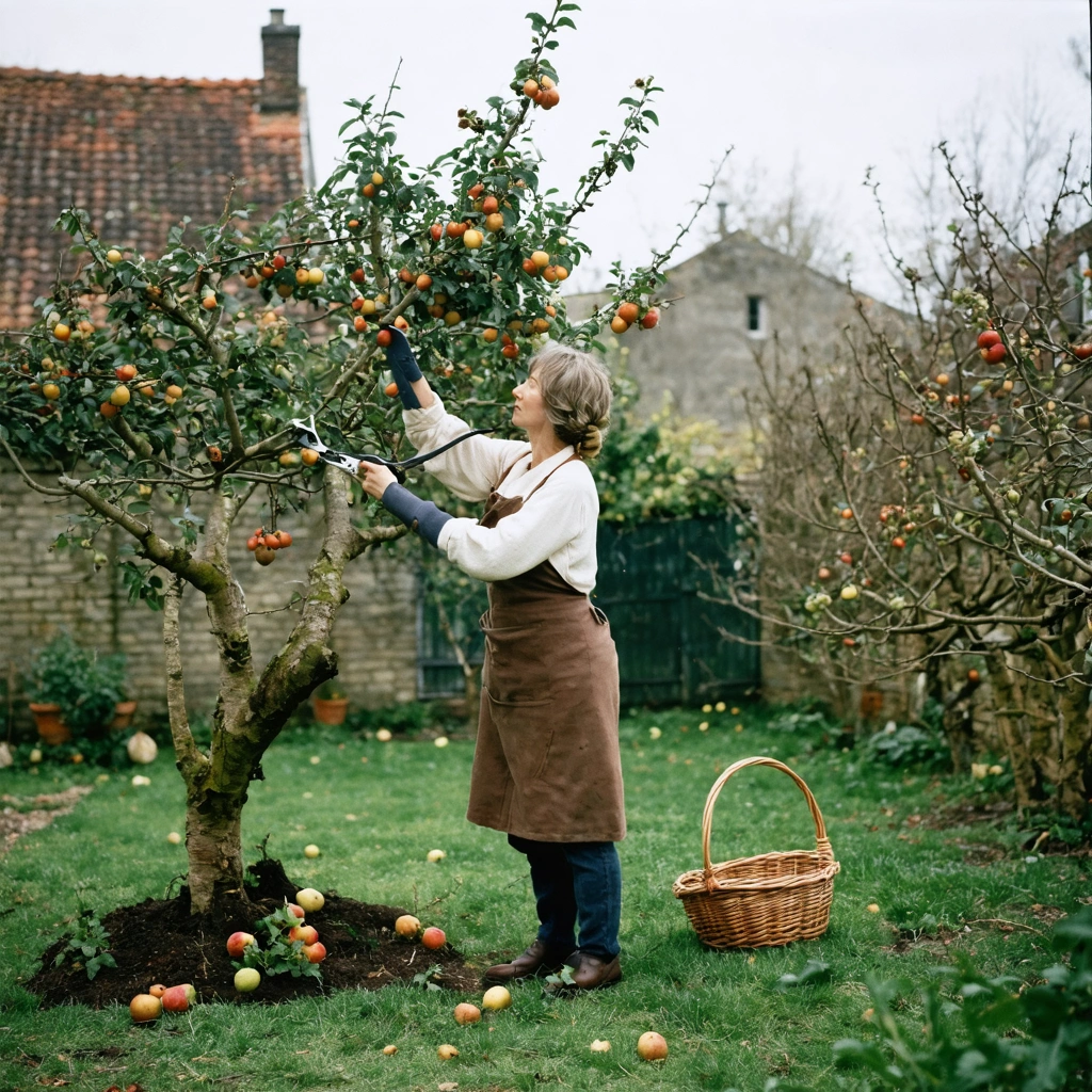 Une jardiniere taille soigneusement un arbre fruitier dans un jardin, avec un sécateur, au milieu de pommiers et poiriers bien entretenus.