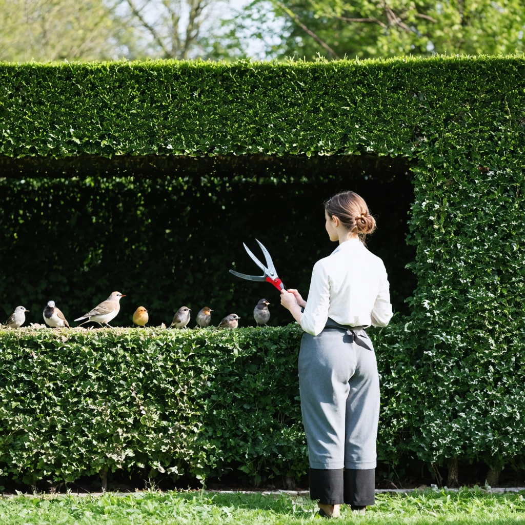Une jardiniere dans un jardin observe une haie dense avant de la tailler, tandis que de petits oiseaux nichent dans le feuillage.