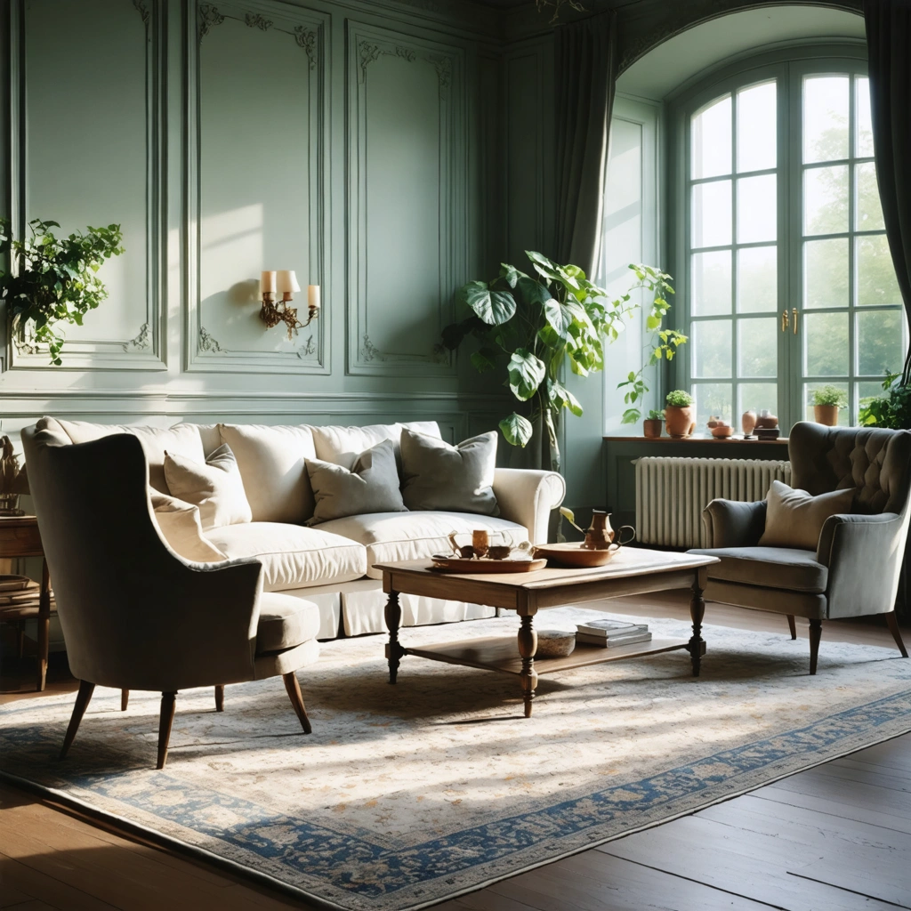 Salon chaleureux avec canapé, fauteuils, table basse et grand tapis bien proportionné structurant harmonieusement l’espace