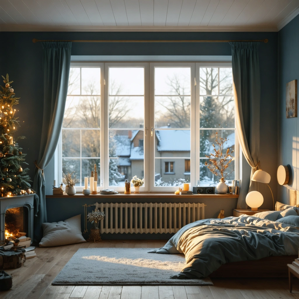 Vue réaliste de plusieurs pièces d’une maison en hiver, avec un salon confortable, une chambre plus fraîche et une salle de bain chaleureuse, illustrant le bon réglage de la température selon les espaces.